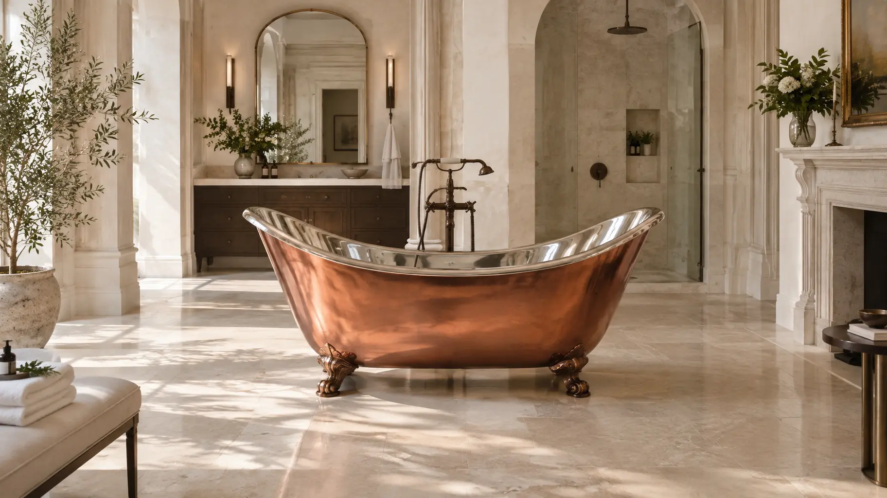 Polished copper bathtub in a light stone bathroom