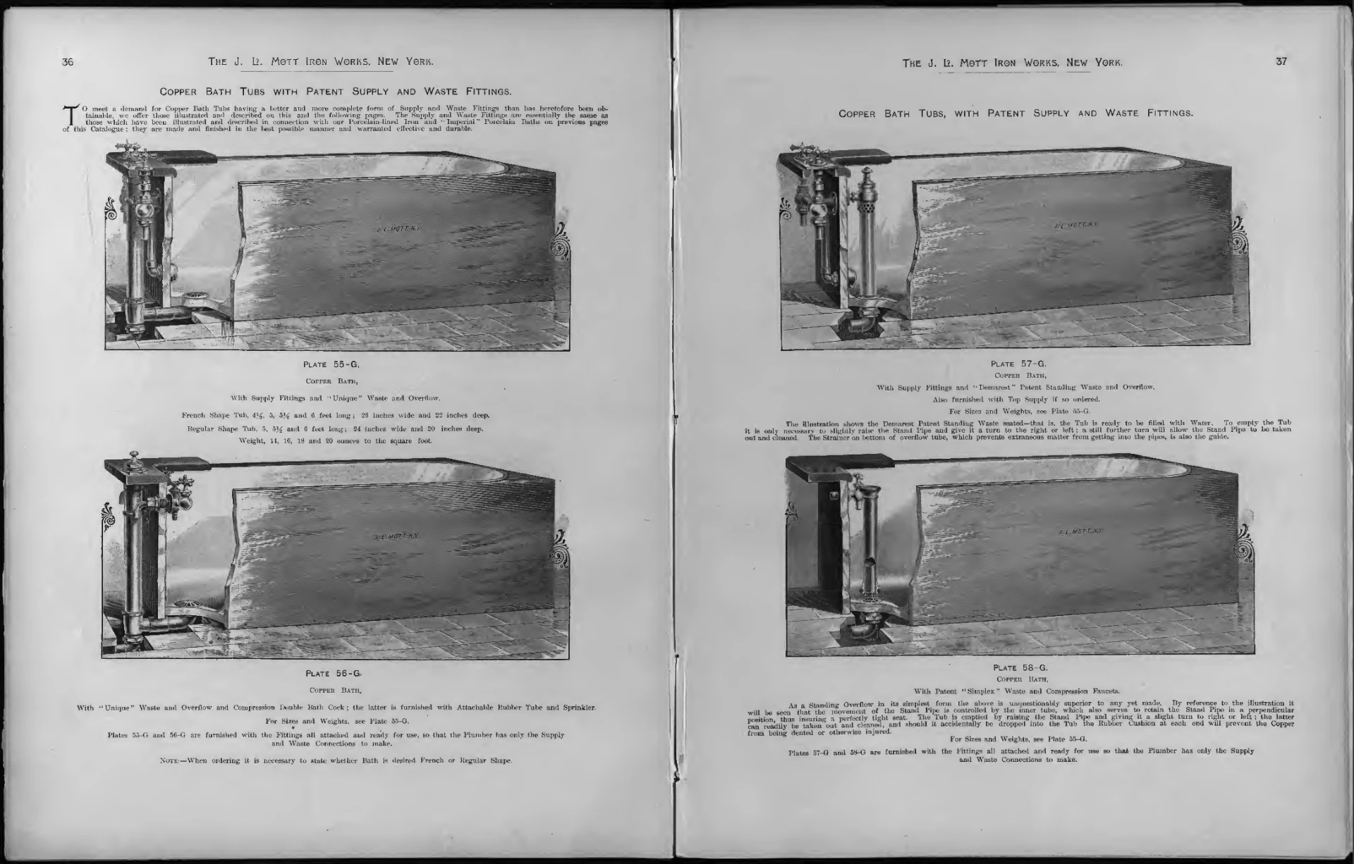 Pages 36 and 37 of the 1888 J. L. Mott Iron Works catalogue showing copper baths
