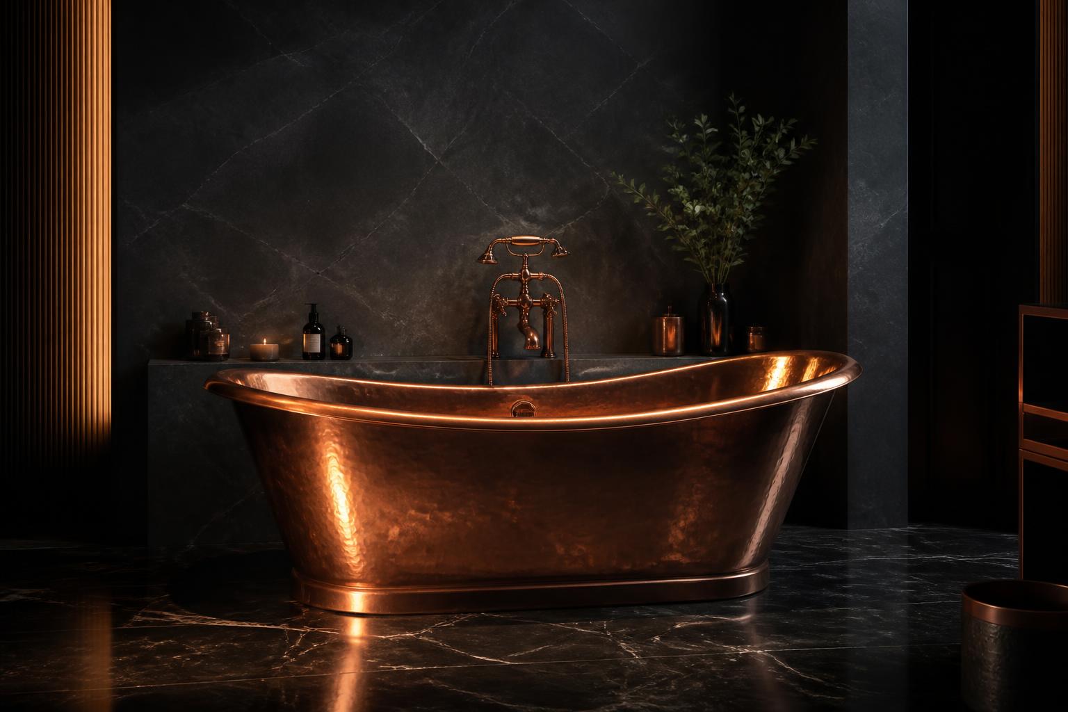 Hammered copper freestanding bathtub in a dark stone bathroom
